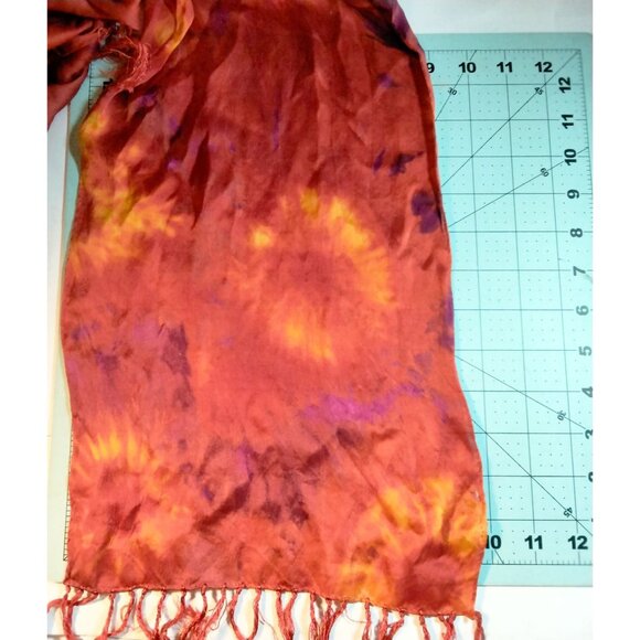 Vibrant Red Scarf Handcrafted Tie Dye Fringe Boho Festival Sunset - Picture 4 of 5